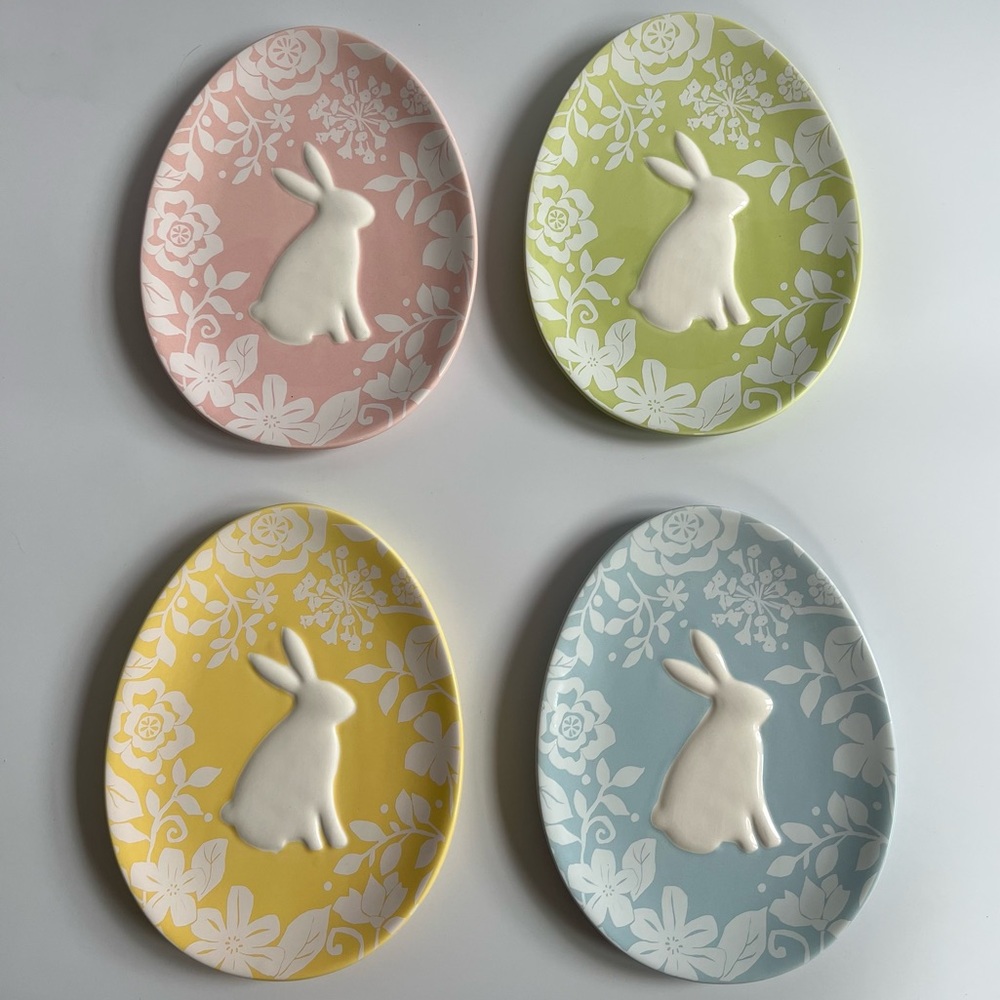 MAGENTA Easter Bunny Rabbit Plate Egg Embossed Damask Floral Pastels Lot of 4